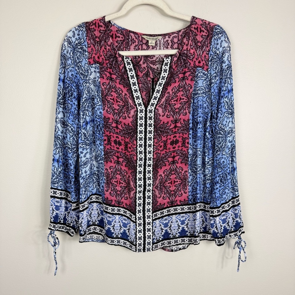 Lucky Brand Top Womens Small Pink Blue Paisley Aztez Hippie V-Neck Shirt Boho